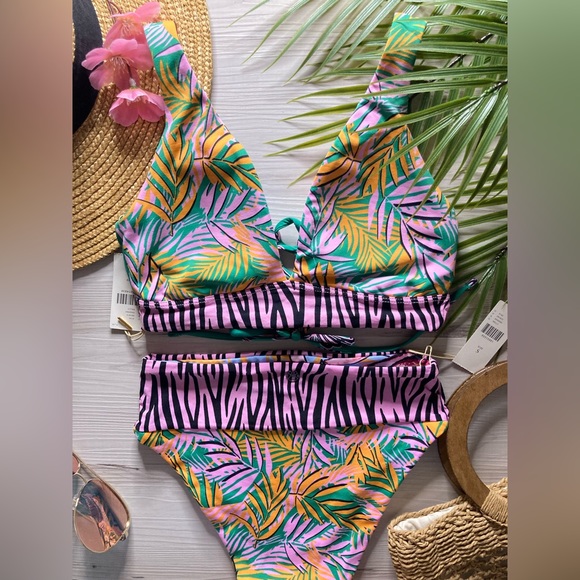RARE Maaji 💚 Reversible Animal Print Floral 4-Way Top | High Rise Bikini Bottom - Picture 12 of 16